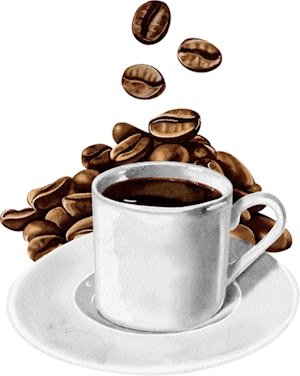 コーヒー豆とカップに入ったコーヒーのイラスト