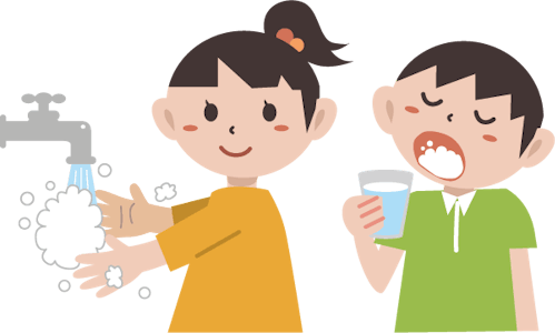 手洗いとうがいをする人たちのイラスト