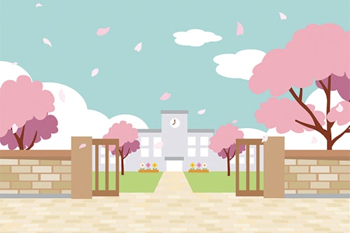 桜の木と校門と校舎のイメージイラスト