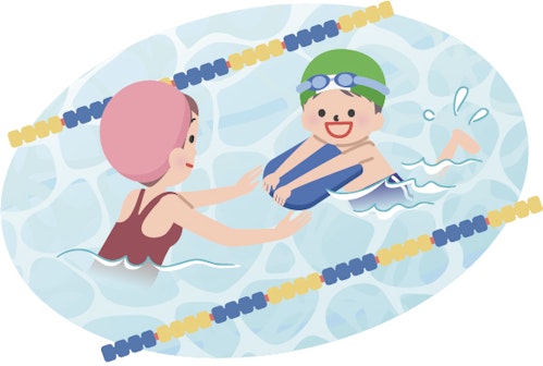 ビート板をもって補助を受け泳ぐ子どものイメージイラスト