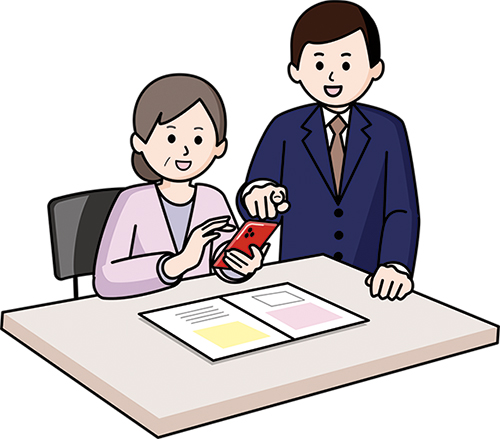スマートフォンの操作をサポートするデジタル活用支援員のイラスト