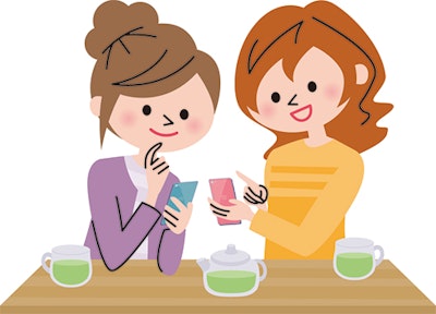 お茶をしながらスマホを操作する人たちのイラスト