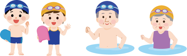 水着を着たこどもや高齢者のイラスト
