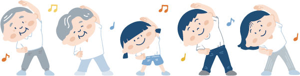 老若男女の人たちがラジオ体操をしているイラスト