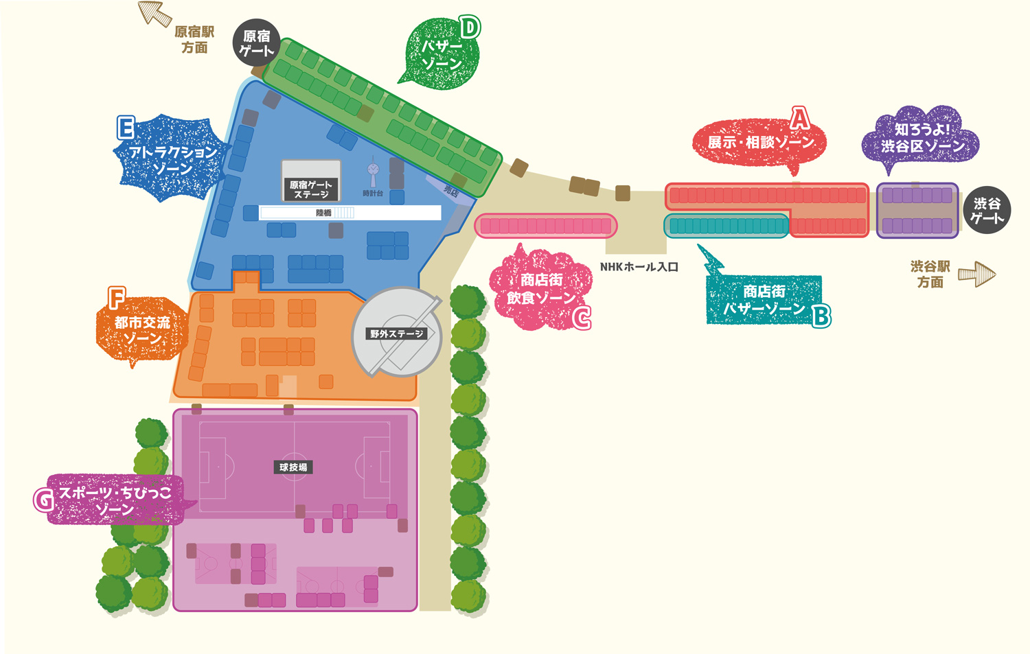渋谷フェスティバルマップ A：展示・相談ゾーン、B：商店街バザーゾーン、C：商店街飲食ゾーン。D：バザーゾーン、E：アトラクションゾーン、F：都市交流ゾーン、G：スポーツ・ちびっこゾーン