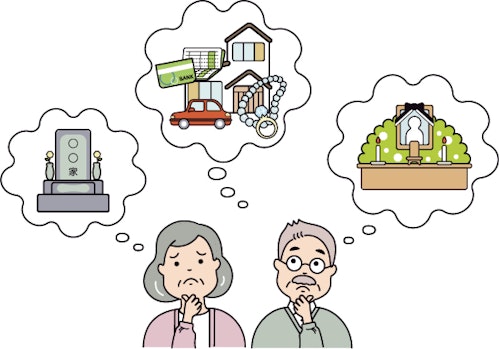 葬式や墓、遺産について考える高齢者のイメージイラスト