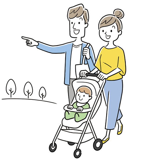 並んで歩き、ベビーカーを押している人のイラスト