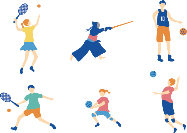 ソフトテニス、剣道、バスケットボール、バレーボールなどスポーツをする人たちのイラスト