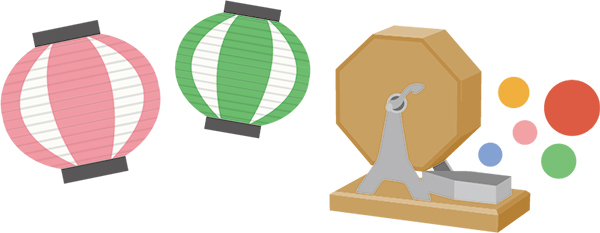 お祭りのちょうちんや福引のガラガラのイラスト