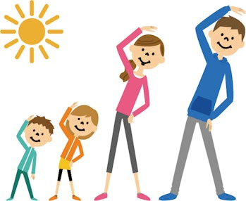 太陽の下で体操をする子どもと大人たちのイラスト