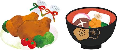 クリスマスチキンとお雑煮のイラスト