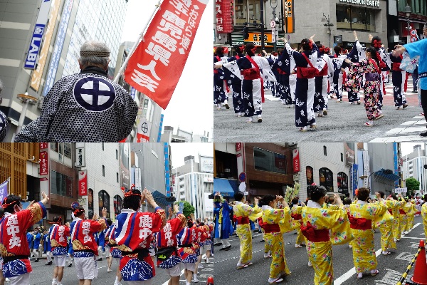4枚の写真。鹿児島県人会ののぼり旗を持つ参加者の様子 / 白と紺の着物で踊る参加者の皆さんの様子 / 赤と青の法被で踊る参加者の皆さんの様子 / 黄色い着物で踊る参加者の皆さんの様子